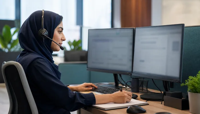اپراتور مرکز تماس در حال ثبت دقیق اطلاعات تماس در محیط کاری حرفهای