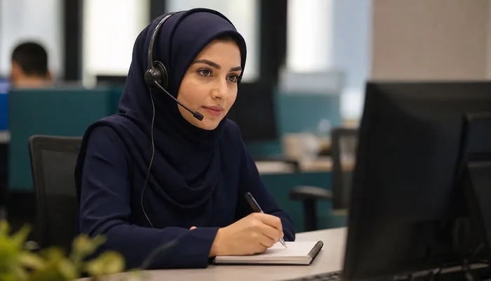 اپراتور مرکز تماس ایرانی در حال گوشدادن فعال و یادداشت نکات مشتری