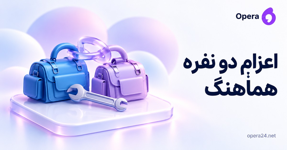دو کیف کار آبی و یاسی با حلقه اتصال و یک آچار مشترک روی سکوی واحد