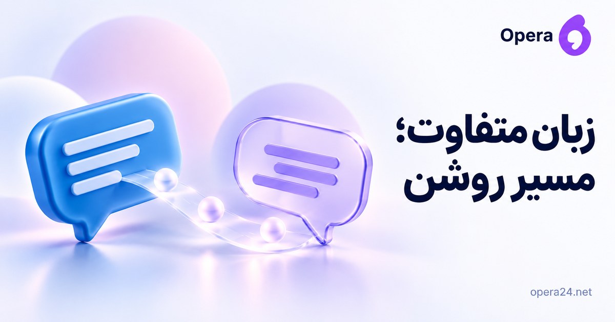 دو حباب گفت‌وگوی آبی و یاسی با پل ارتباطی شفاف میان زبان‌ها