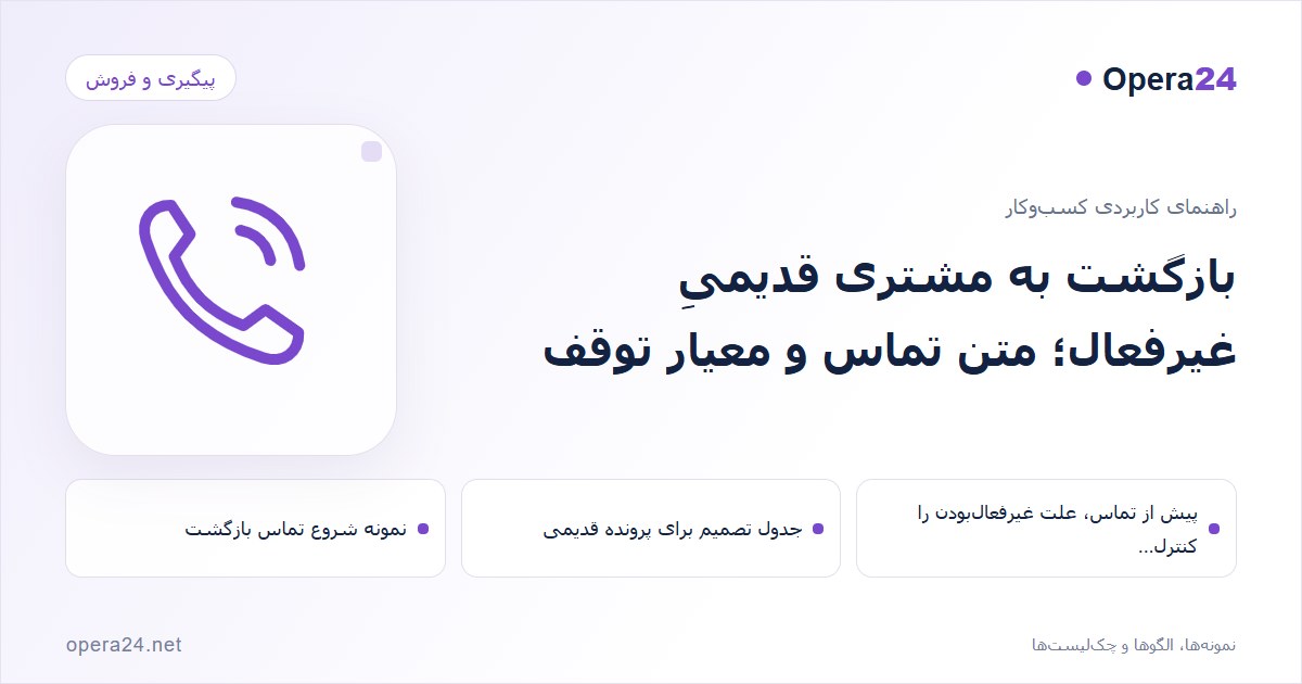 کاور راهنمای بازگشت به مشتری قدیمیِ غیرفعال؛ متن تماس و معیار توقف با طرح تماس و پیگیری